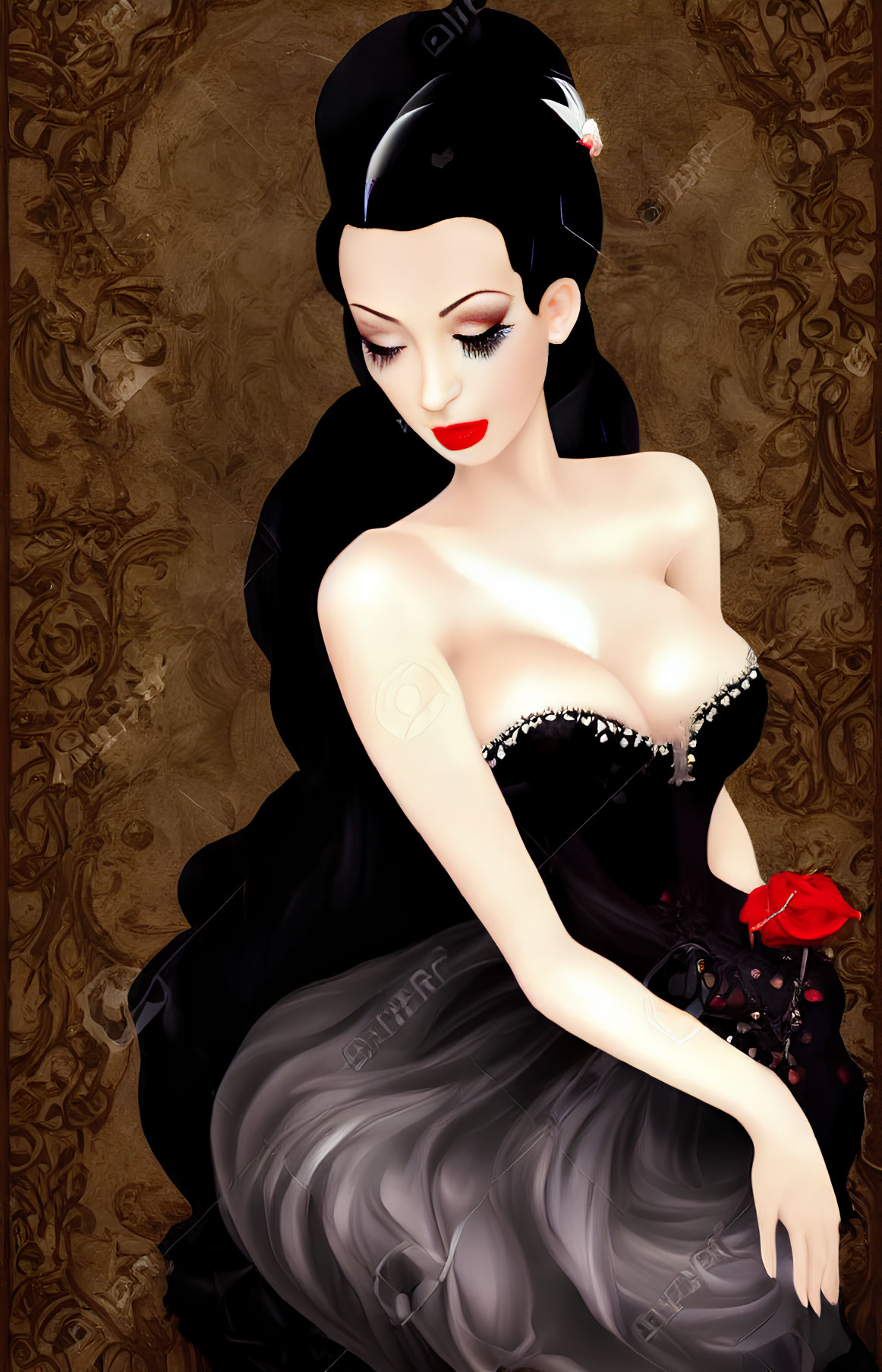 Illustration of woman in black gown with red rose on patterned background