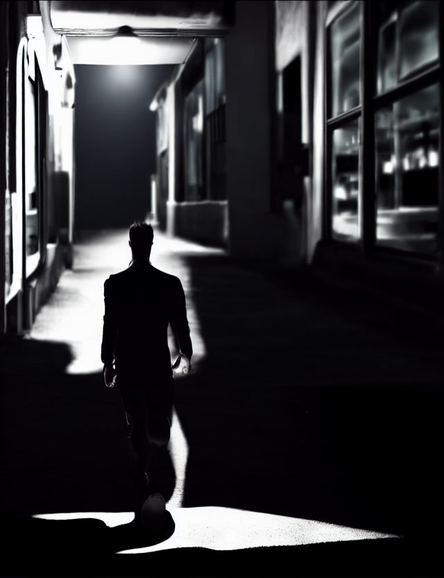 Person walking into dimly lit alley at night under single overhead light