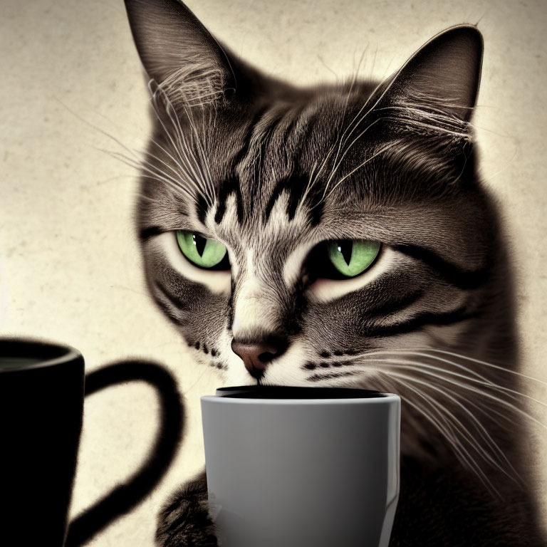 Tabby Cat with Green Eyes Holding White Mug in Close-Up Shot