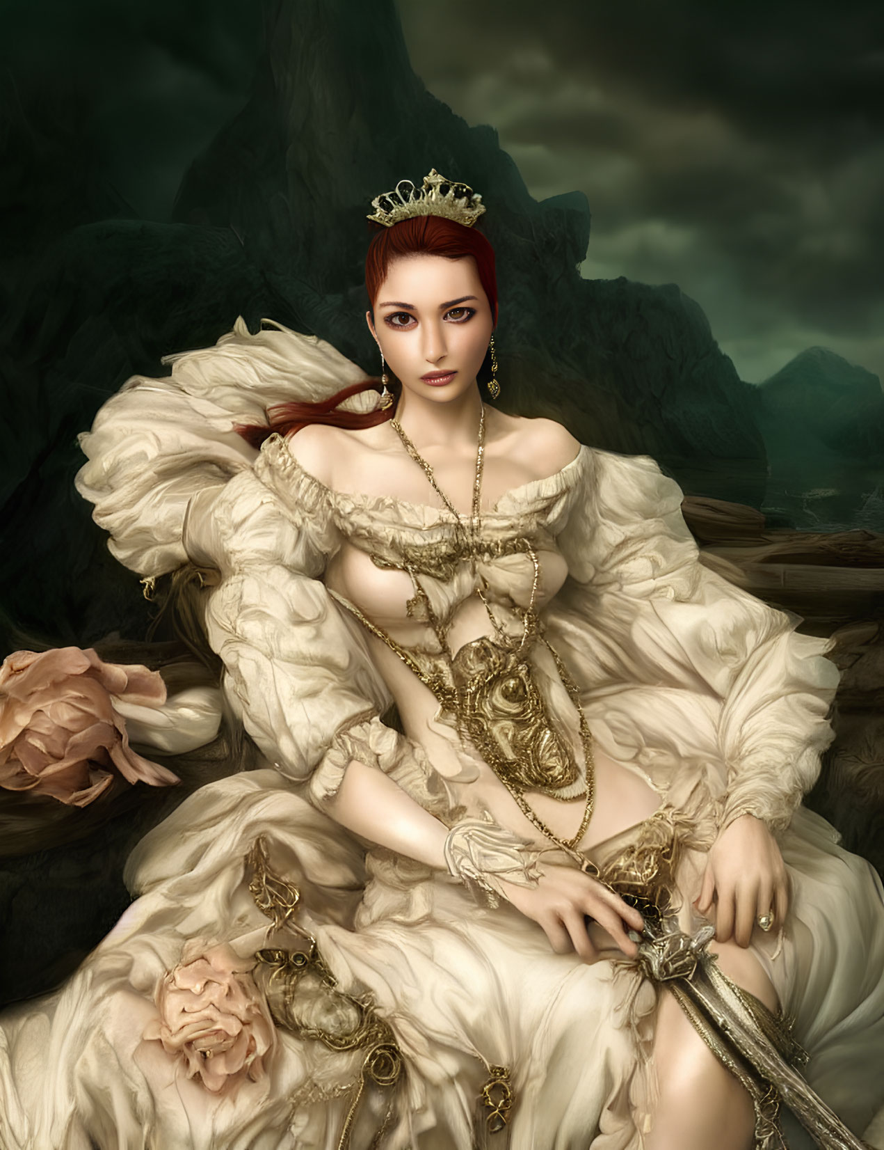 Regal woman with red hair in luxurious white gown and crown against stormy background