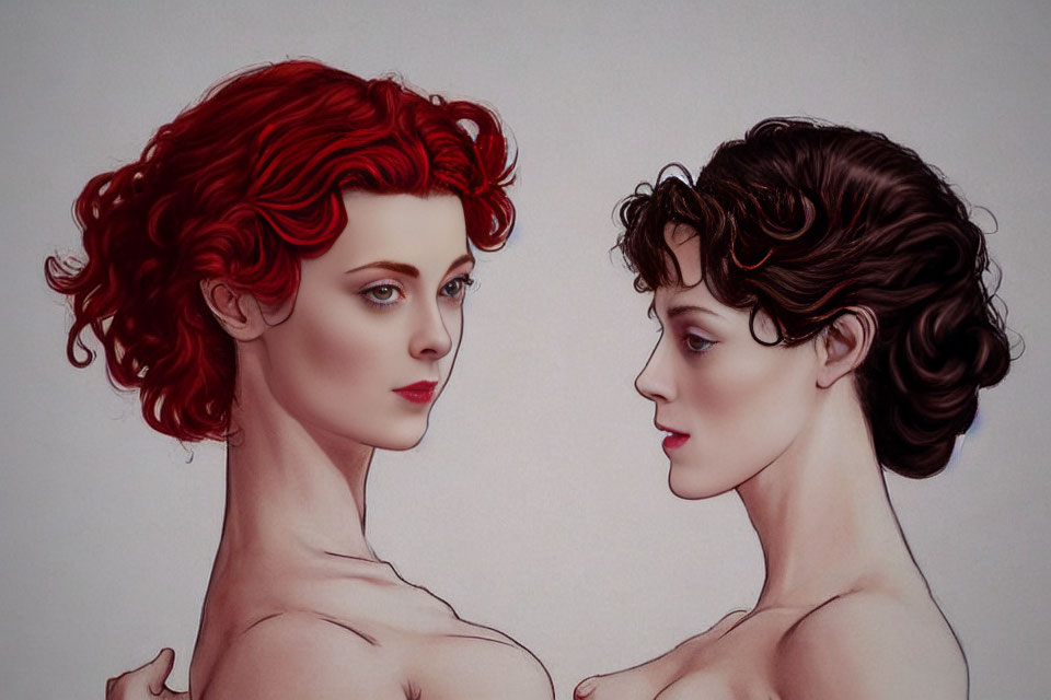 Two women with red and brown curly hairstyles in illustration.