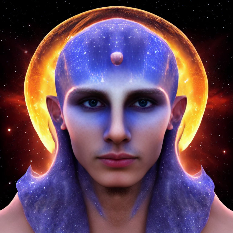 Digital artwork of person with cosmic theme: starry blue skin, galaxy patterns, pointed ears, radiant