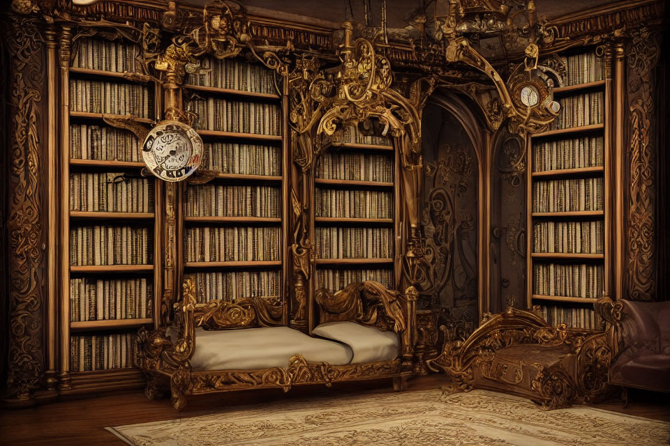 Richly Decorated Wooden Library with Clock, Bookcases, Bench, and Classic Rug