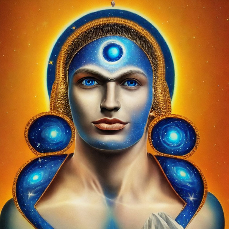 Blue-skinned person with cosmic decorations and third eye.