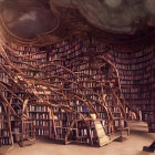 Majestic library with towering bookshelves under cosmic sky