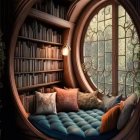 Gothic arched window reading nook with built-in bench and bookshelves
