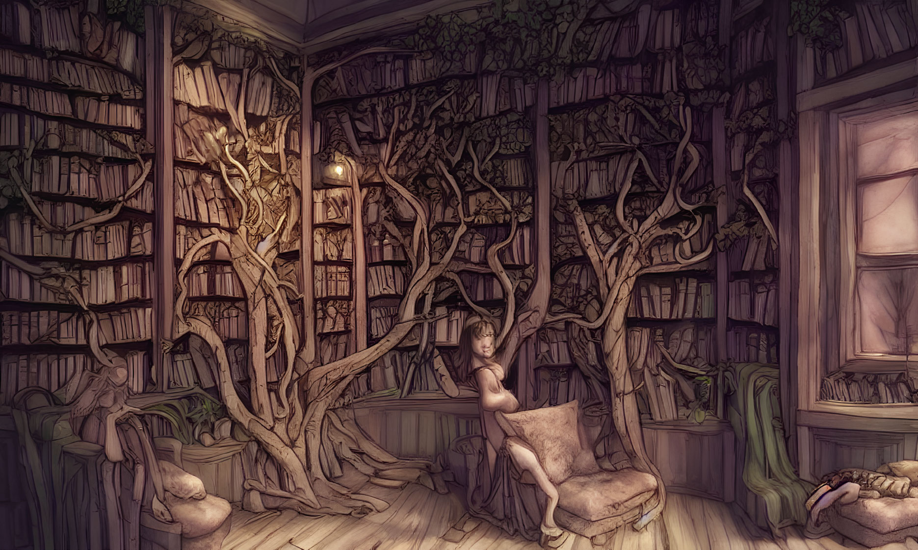 Enchanted library with tree branch shelves and central reading tree