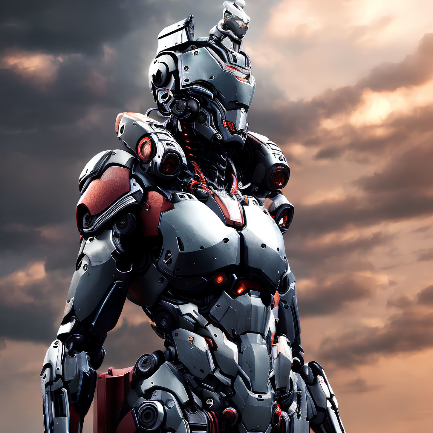 Detailed futuristic humanoid robot with metallic armor and red accents in dramatic sky.