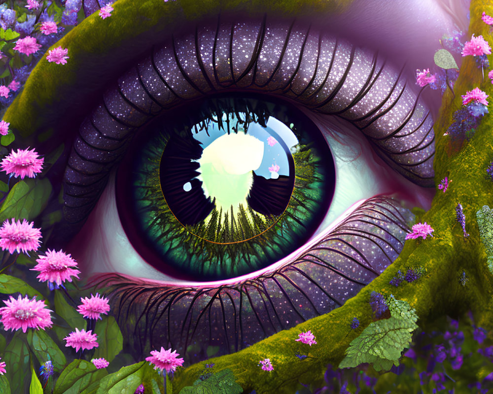Vibrant eye illustration with purple flowers and fantasy landscape