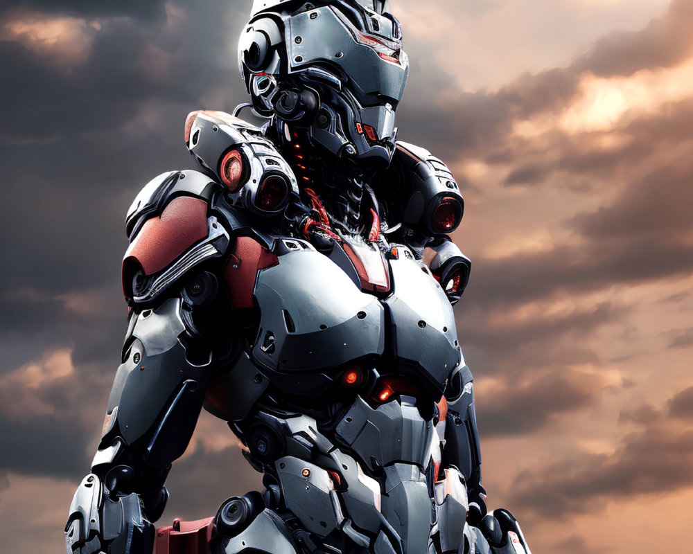 Detailed futuristic humanoid robot with metallic armor and red accents in dramatic sky.