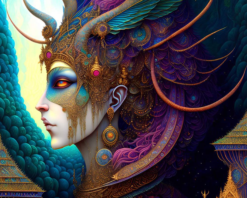 Colorful digital artwork: Character with ornate golden headgear & feather-like elements