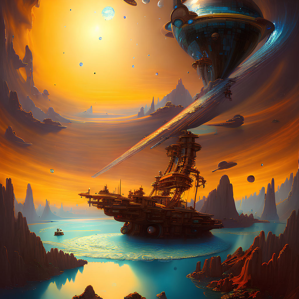 Surreal sci-fi landscape with floating city, spaceship, and orange sky