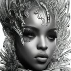 Detailed Futuristic Helmet on Female Figure with Organic and Mechanical Elements