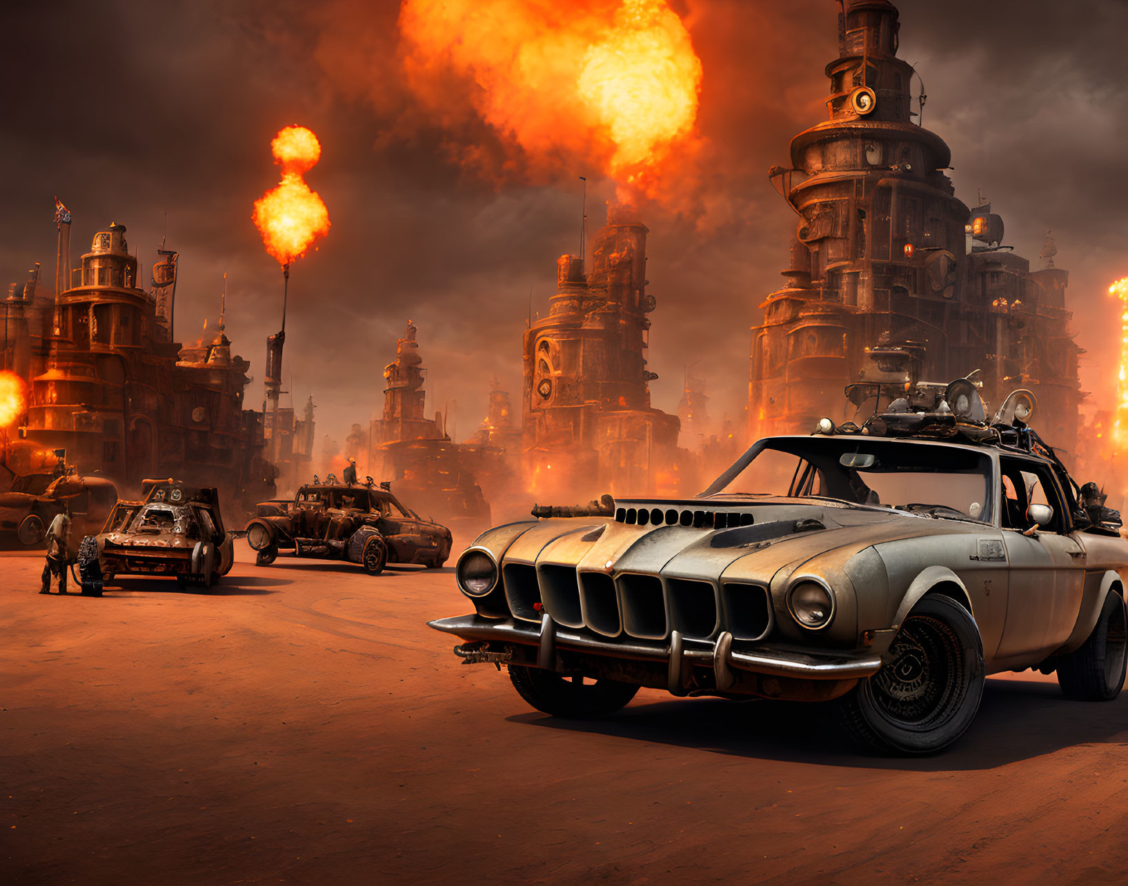 Modified car in dystopian scene with fiery explosions and industrial towers