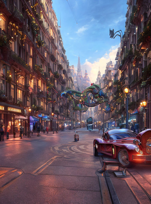 Vintage cars and shopfronts on a city street at dusk with whimsical decorations and grand architecture.