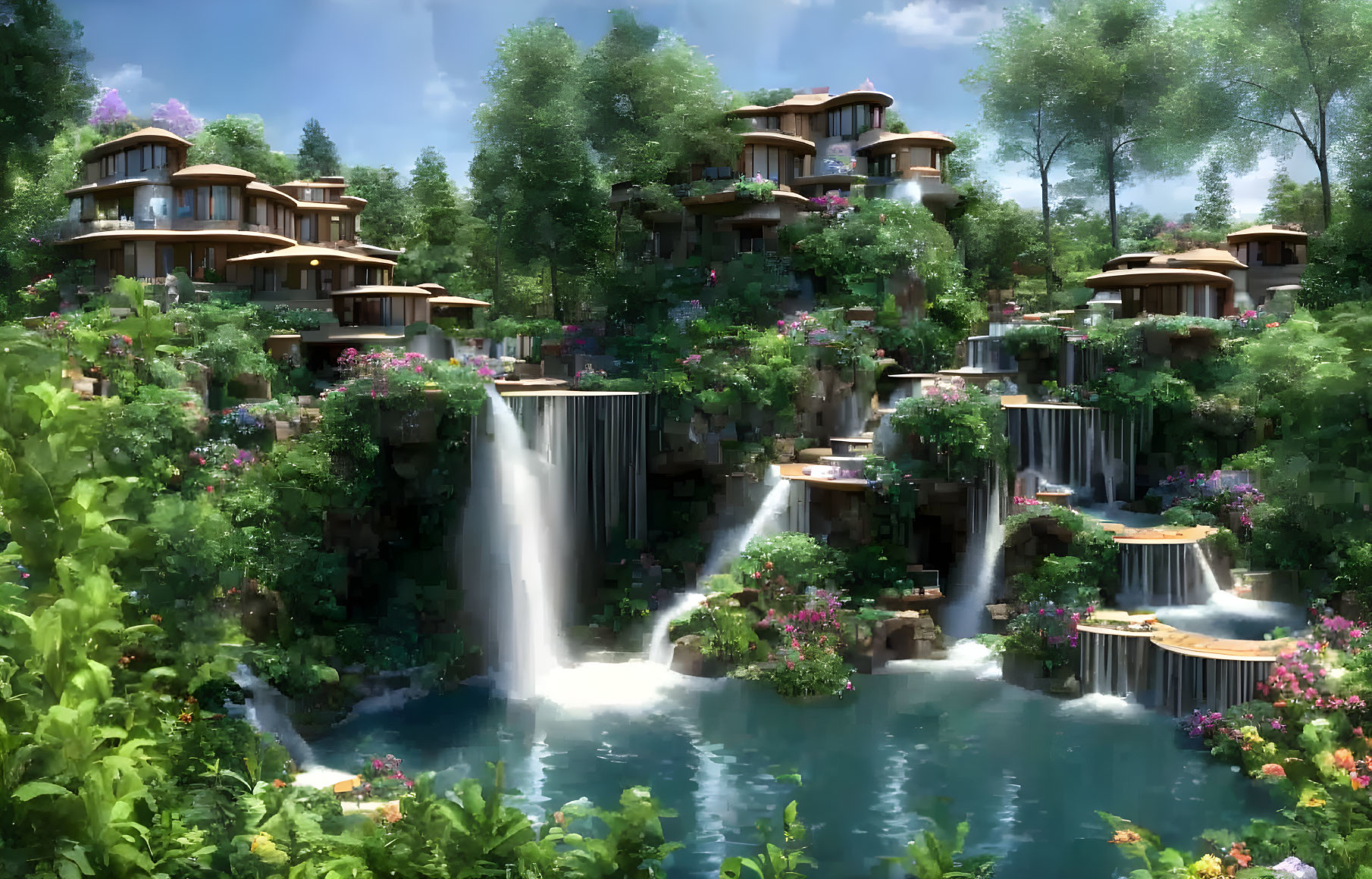 Tranquil waterfalls and fantasy houses in lush greenery