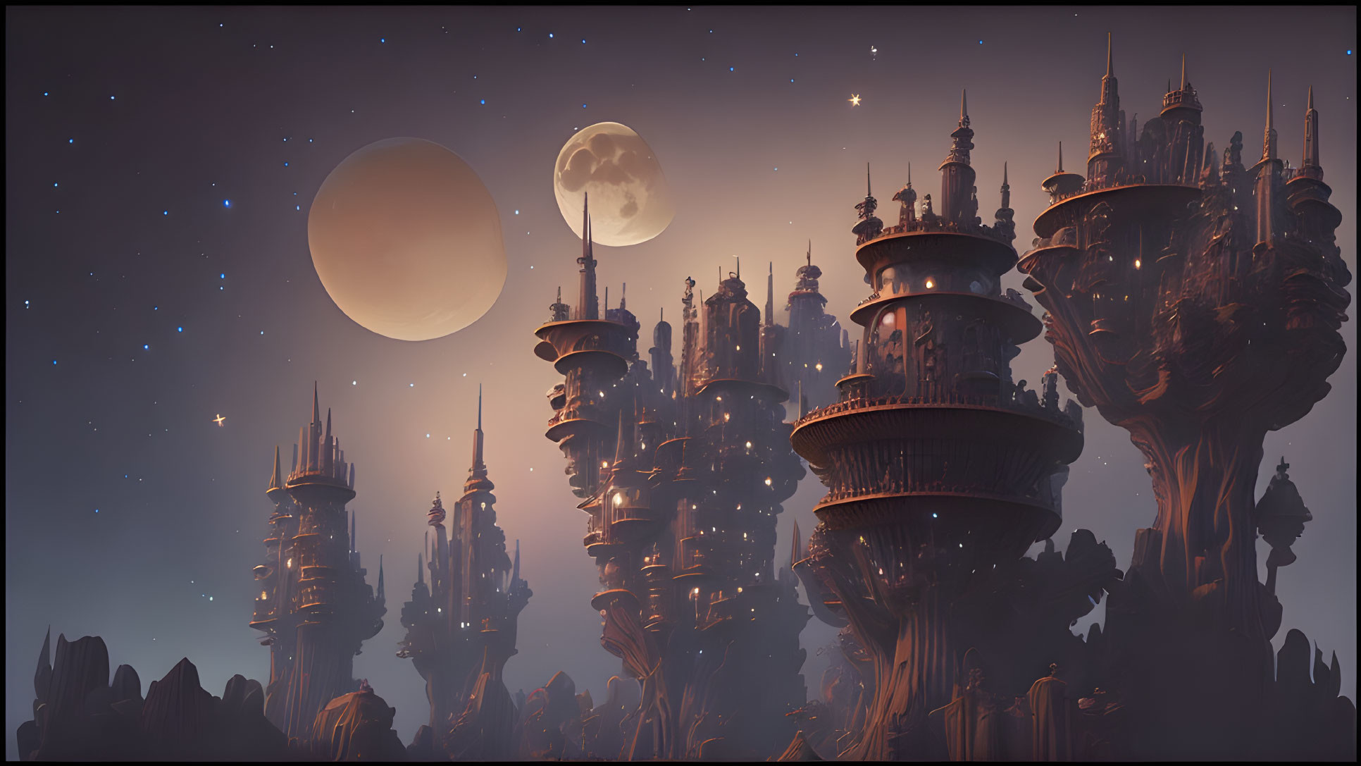 Fantasy landscape: towering castles on giant mushrooms under two moons