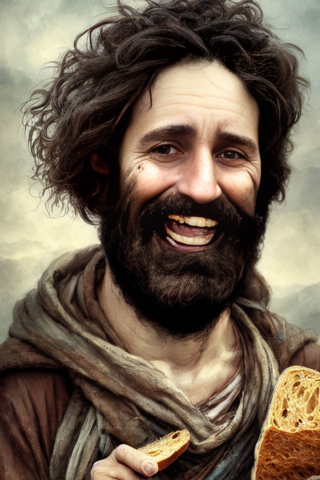 Bearded man in rustic attire holding bread against cloudy backdrop