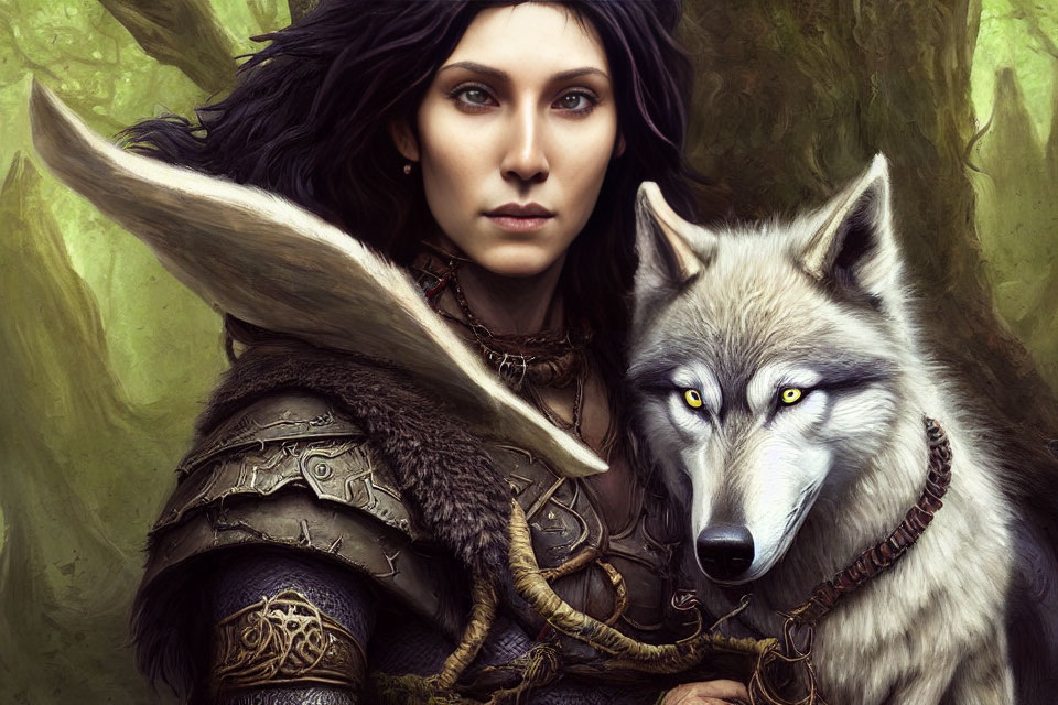 Fantasy illustration of dark-haired woman and blue-eyed grey wolf in forest