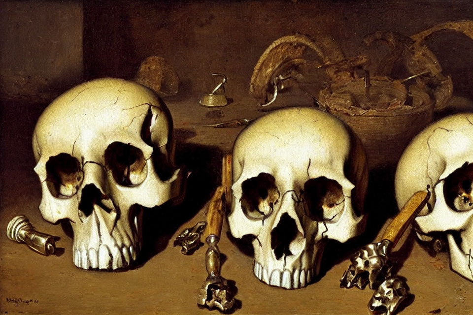 Vanitas Still Life Painting with Human Skulls and Objects