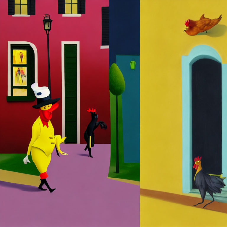 Vibrant anthropomorphic roosters in colorful cityscape painting