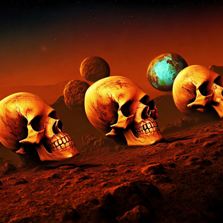 Barren alien landscape with three human skulls and red sky.