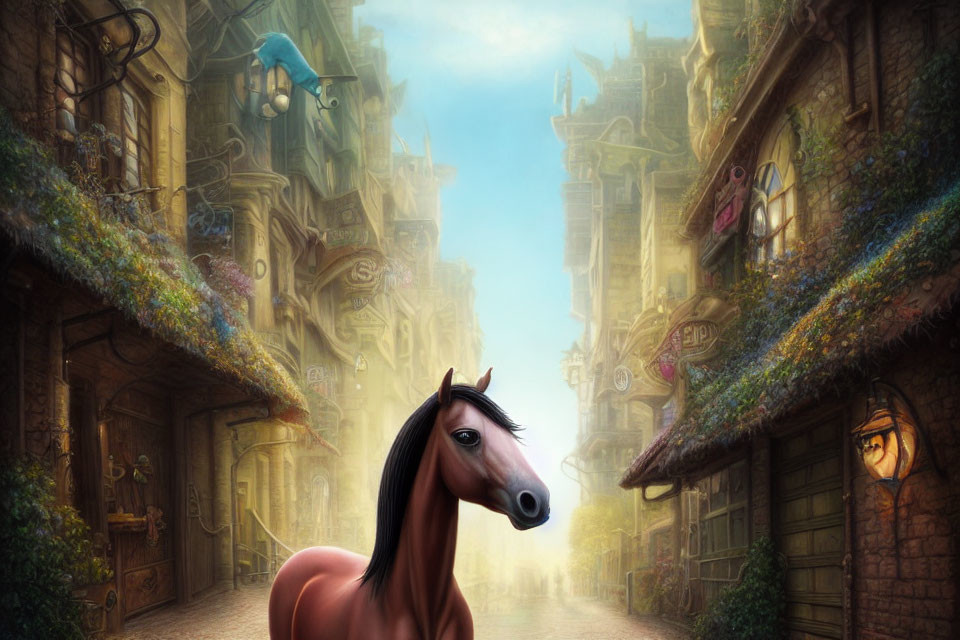 Whimsical horse illustration with fantastical cityscape & floating creature