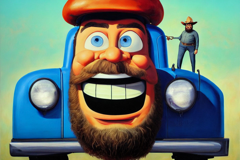 Personified Blue Car with Smiling Face and Cowboy Character Illustration
