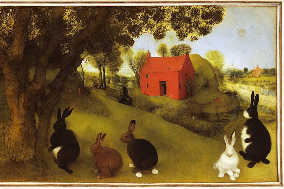 Whimsical painting of oversized rabbits in rural landscape
