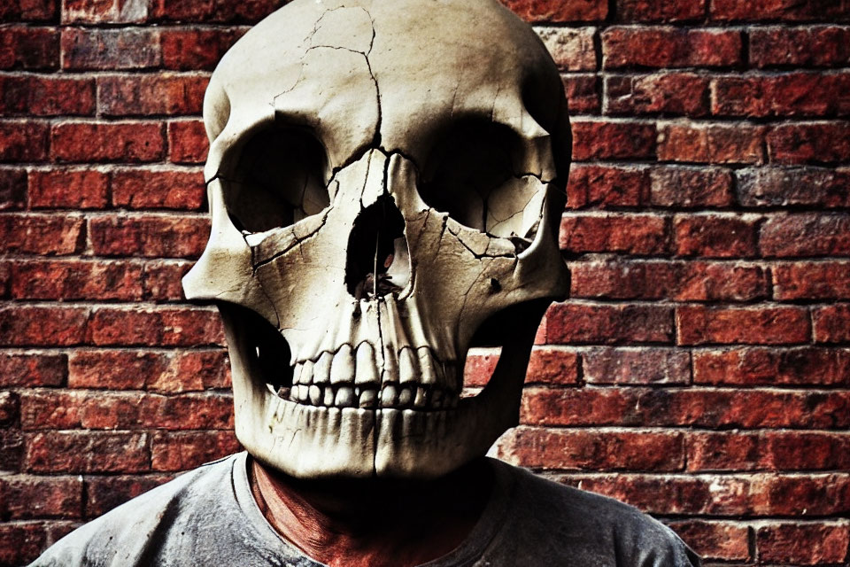 Spooky cracked skull mask before red brick wall