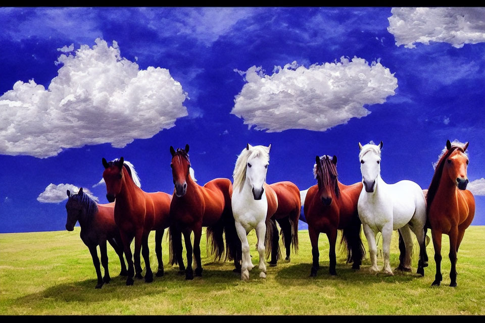 Herd of horses with various coat colors on green grass under blue sky