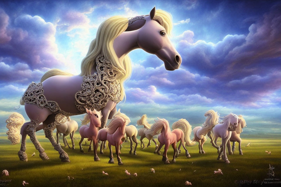 White horse in silver armor leading herd across grassy field.