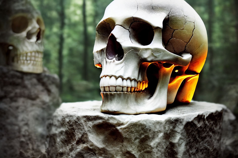 Cracked human skull with glowing orange light in forest setting