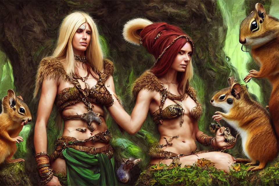 Fantasy-styled women in woodland attire with chipmunks in lush forest