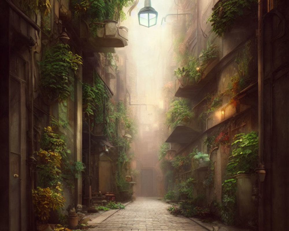 Misty narrow alley with old buildings and vintage street lamp
