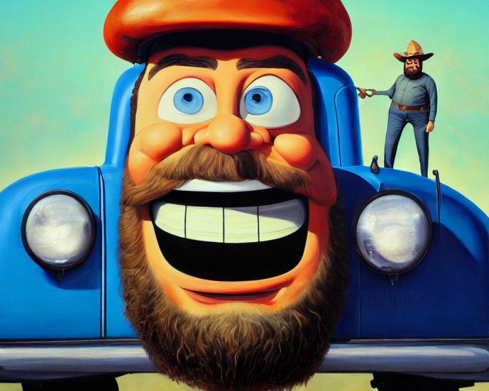 Personified Blue Car with Smiling Face and Cowboy Character Illustration