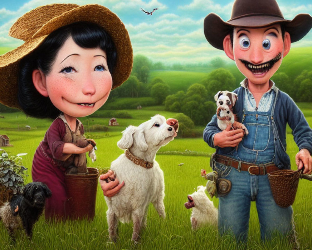 Illustration of joyful farmer couple with dogs in verdant farm landscape