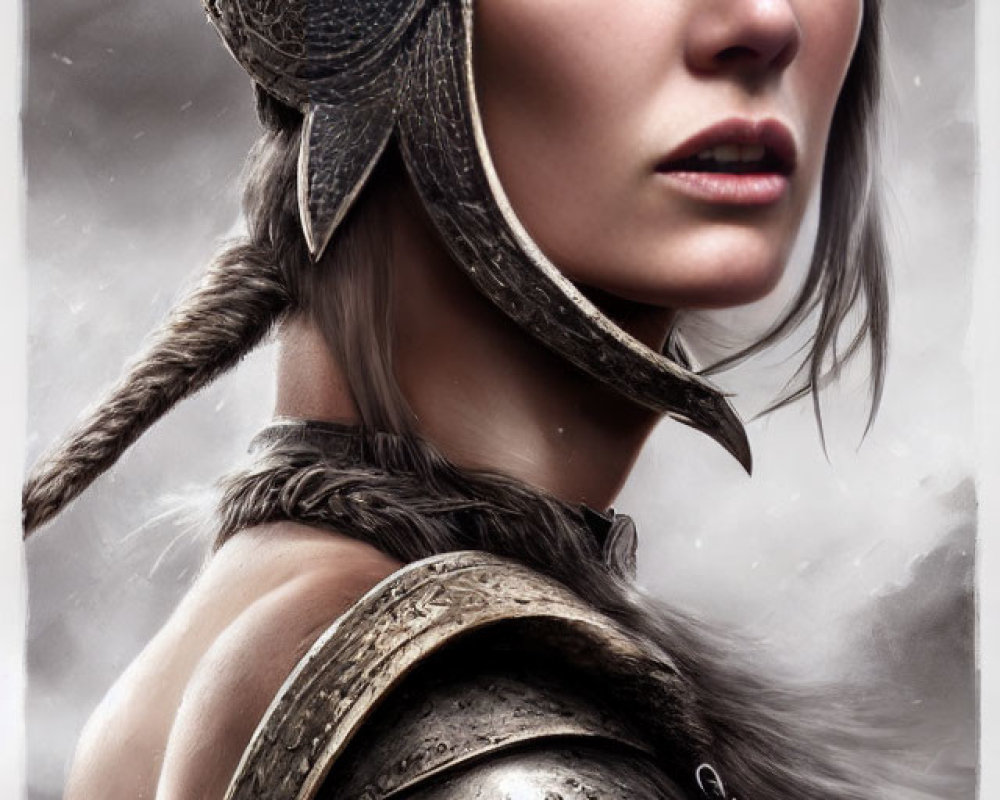 Detailed Metal Helmet and Armor on Woman with Contemplative Expression