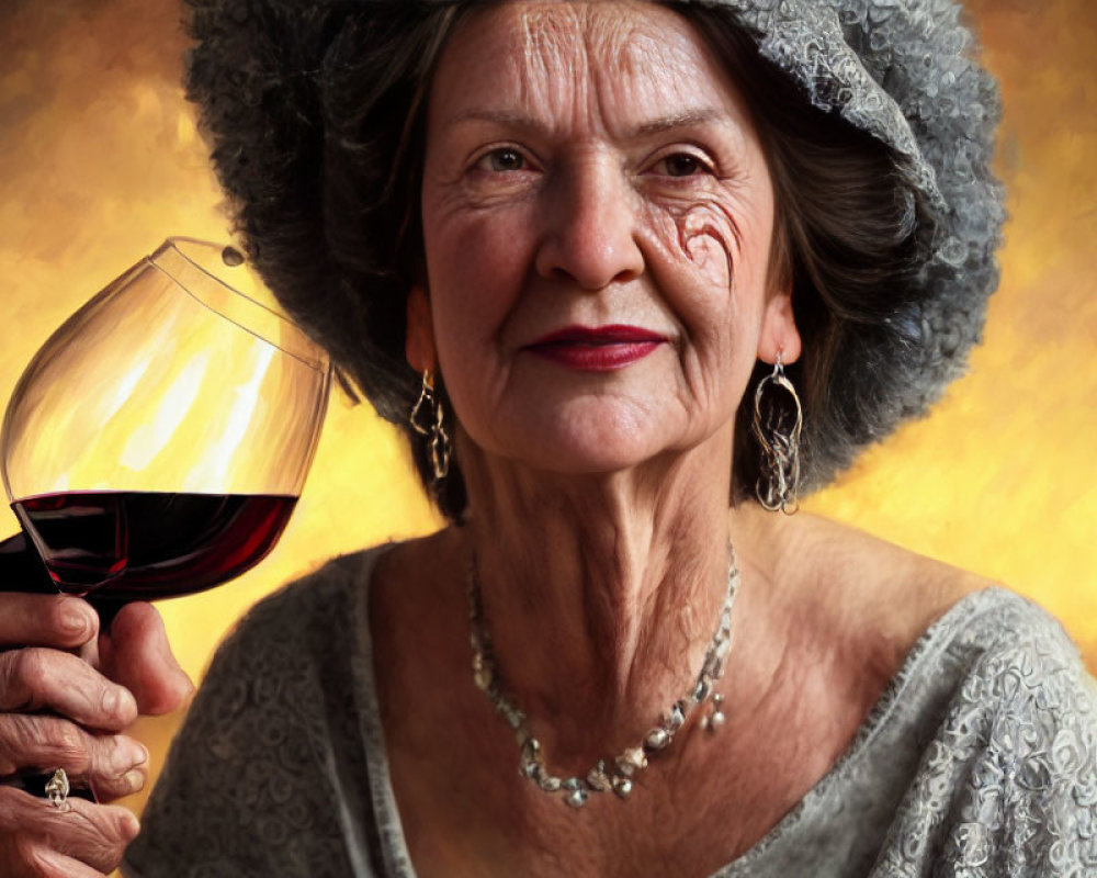 Elderly woman with red wine glass and elegant attire on golden background