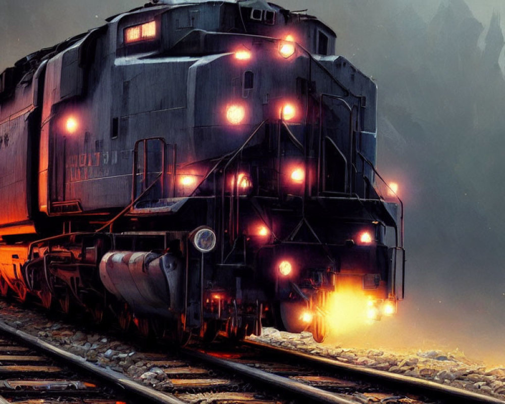 Nighttime digital painting of locomotive with glowing lights on tracks