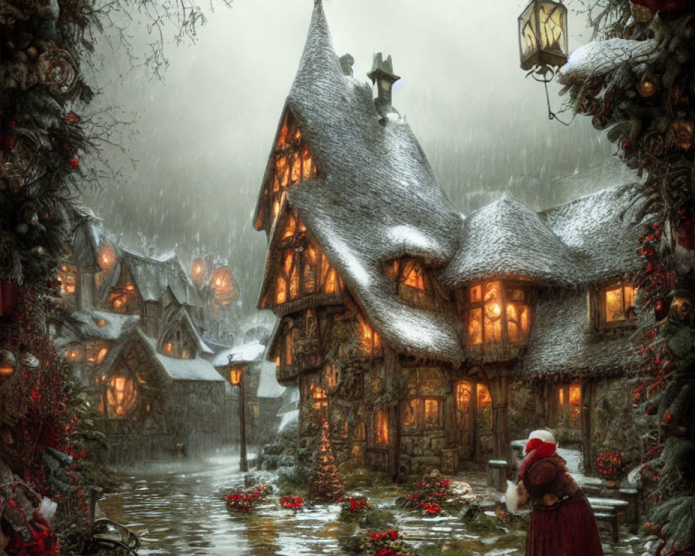 Snow-covered cottage with Christmas decorations and person in red observing serene winter scene