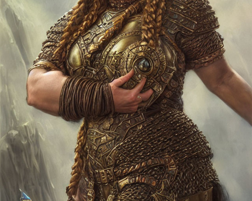 Warrior woman in ornate armor with sword and braided hair symbolizes strength.