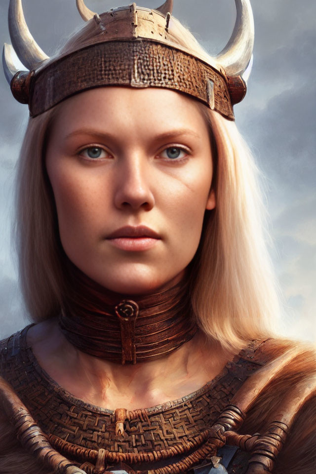 Light-skinned person in Viking helmet and leather armor under cloudy sky