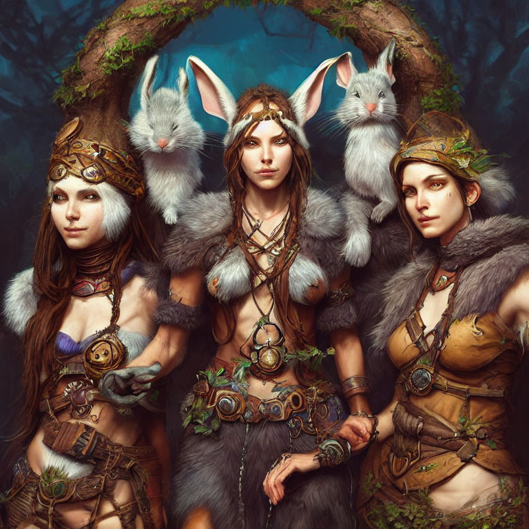 Fantasy women with elfin features in forest-themed attire, surrounded by rabbits