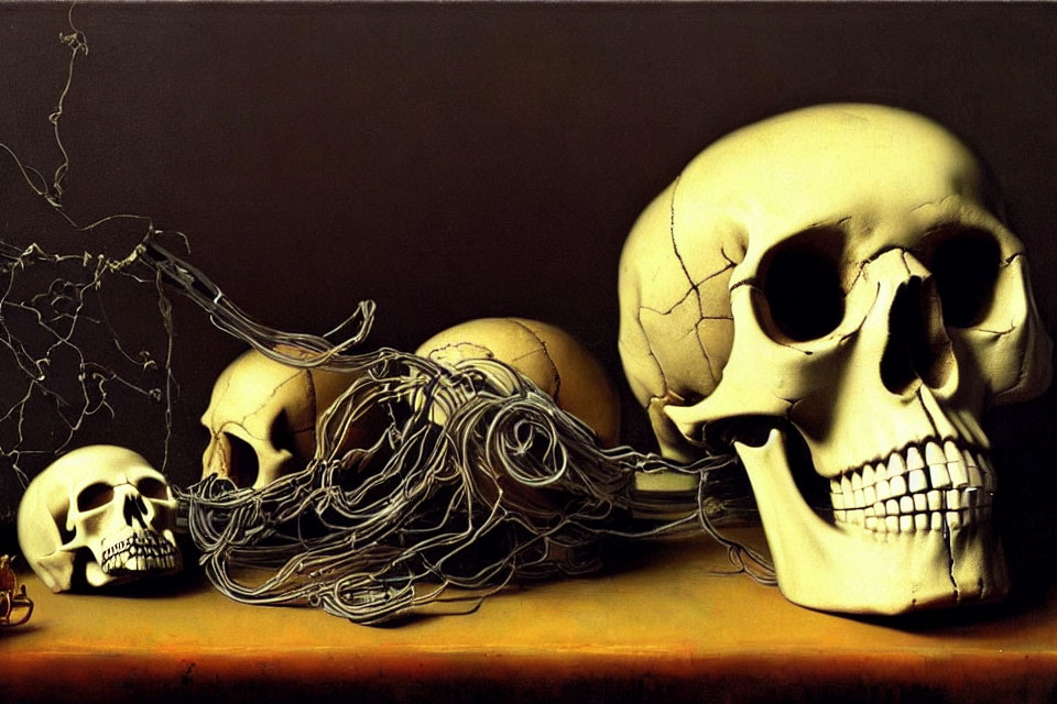Three human skulls of varying sizes on flat surface against dark background