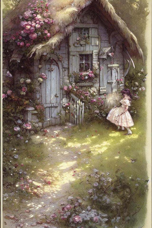 Thatched Roof Cottage with Roses and Young Girl