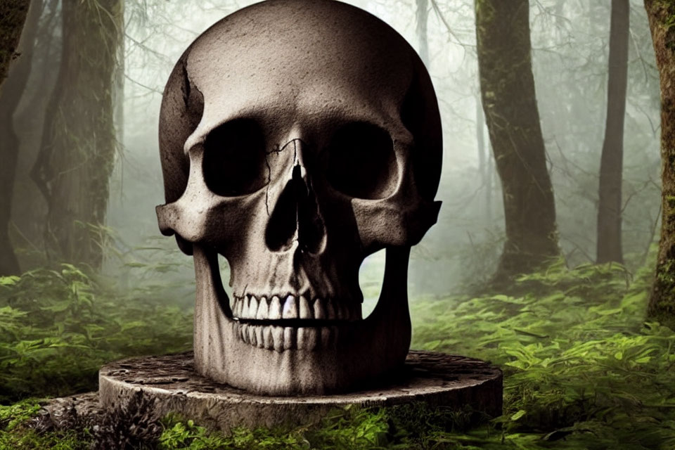Human skull on tree stump in misty forest