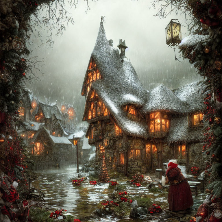 Snow-covered cottage with Christmas decorations and person in red observing serene winter scene