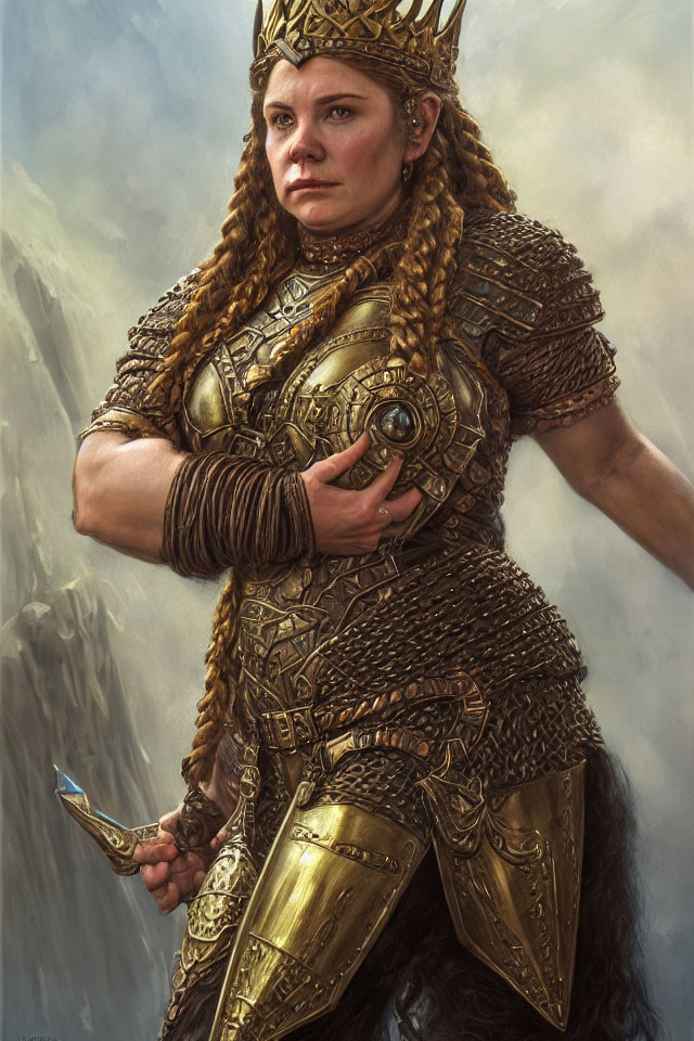 Warrior woman in ornate armor with sword and braided hair symbolizes strength.