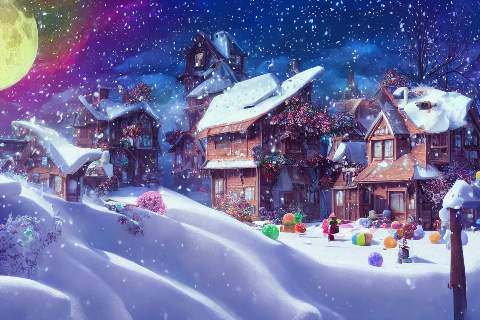 Snowy Winter Village Night Scene with Christmas Lights